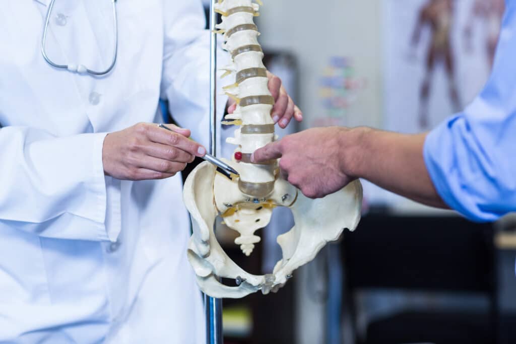 Medical professional in a white coat explaining a spine model to a patient or colleague, using a pointer near the vertebrae with a stethoscope visible.