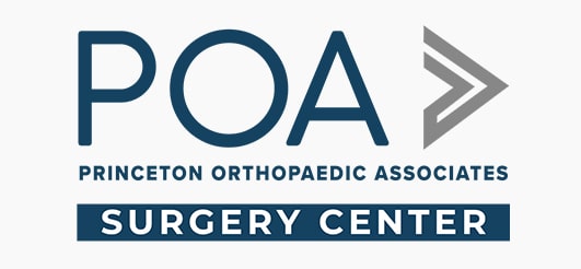POA logo for Princeton Orthopaedic Associates Surgery Center, featuring 'POA' with a chevron and 'SURGERY CENTER' in a blue banner.